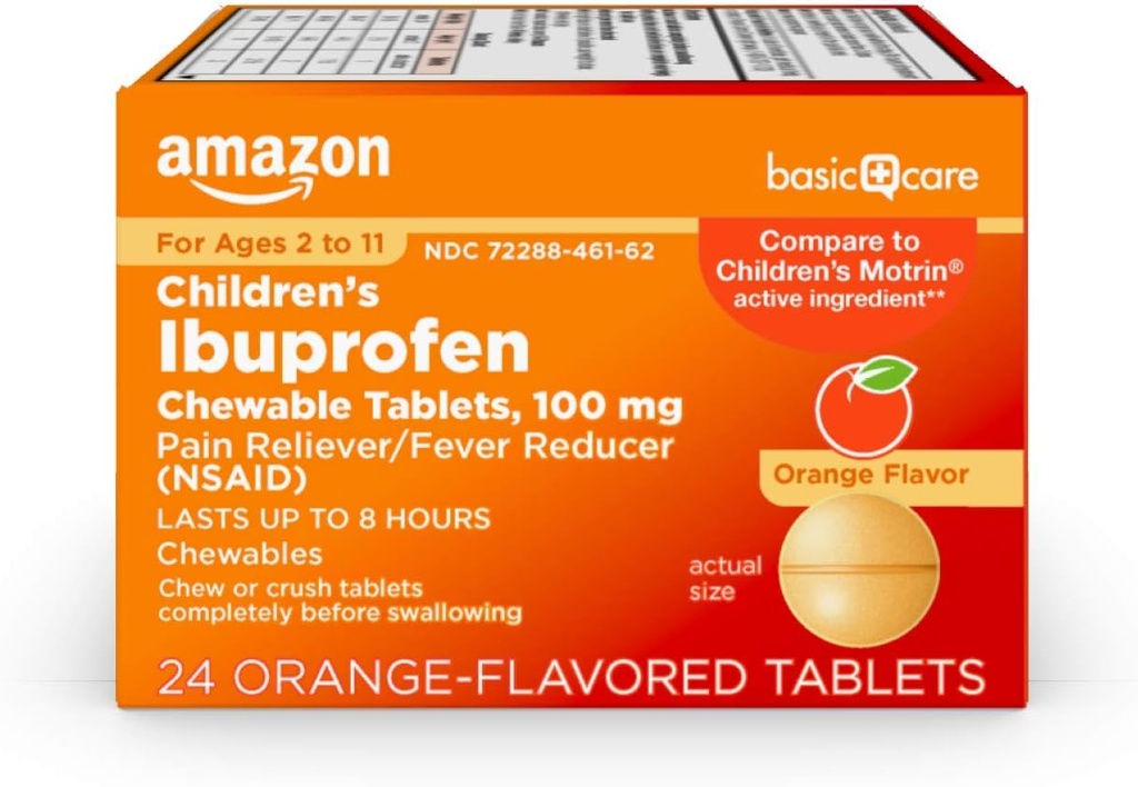 Grundlæggende pleje Børns Ibuprofen tyggetabletter, 100 mg, Smerte Reliever og Feber Reducer, Orange Flavor, For Aches, Pains, Sore Hals, Tandpine og Hovedpine Relief, 24 Greve