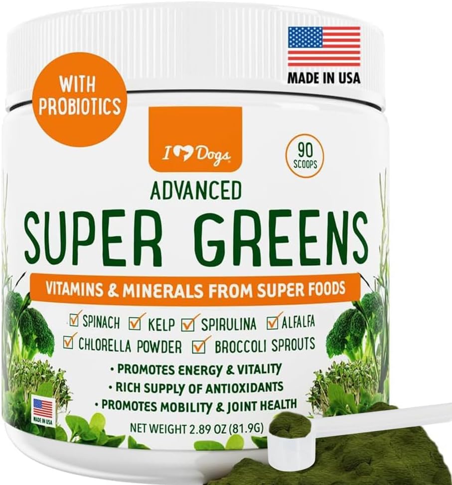 iHeartDogs Super Greens for Dogs with Broccoli Sprouts & Spirulina Powder - Seasonal Allergy & Immune Support Dog Greens Powder - Vitamins, Antioxidants & Minerals Supplement for Dogs