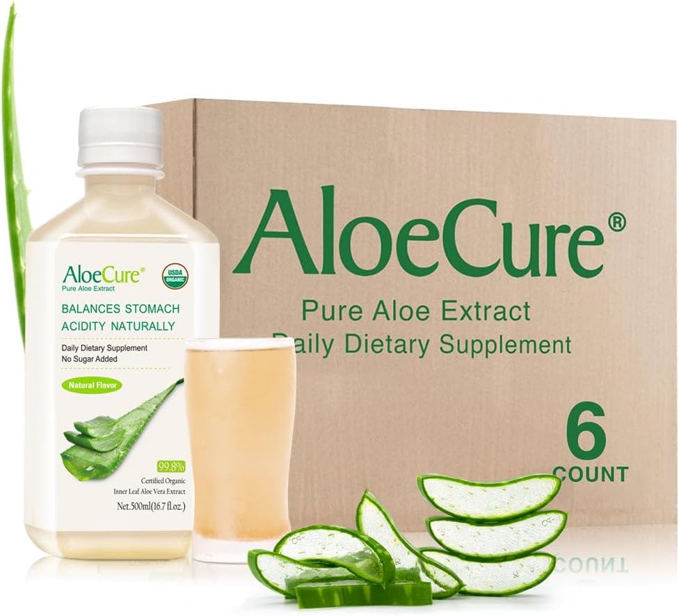 AloeCure USDA Organic Aloe Vera Juice Made within 12 timer af Høst - Pure Aloe Juice Natural fordøjelsestillæg til støtte fordøjelse, immunsystem og balanceret Mavesyre, 6 x 500 ml flasker