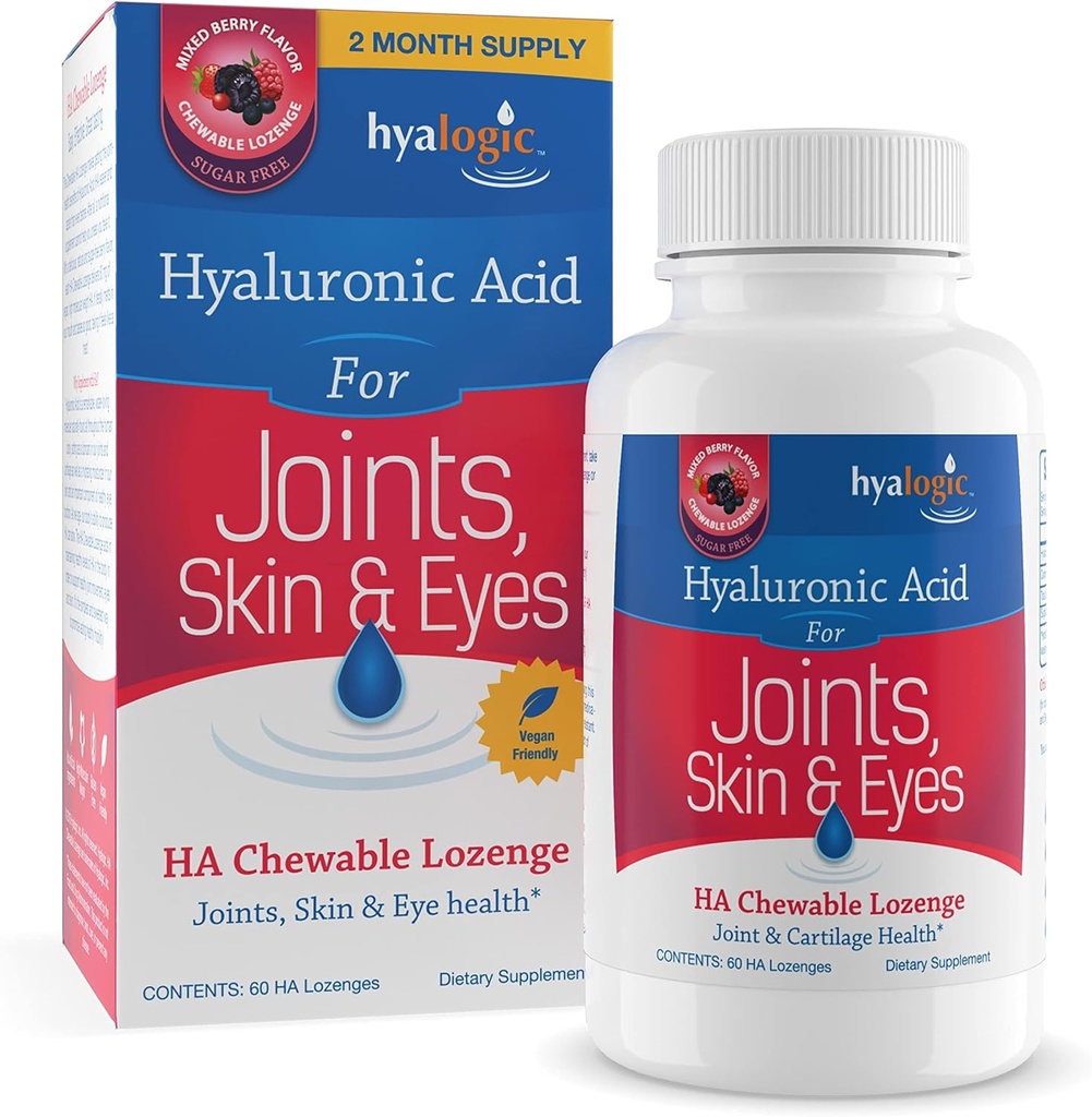 Hyalogisk hyaluronsyre Chewable Lozenge - tyggetabletter til hudpleje & øjne - Vegan, sukkerfri og berry Favored Hyaluronsyre Kosttilskud (60 Greve)