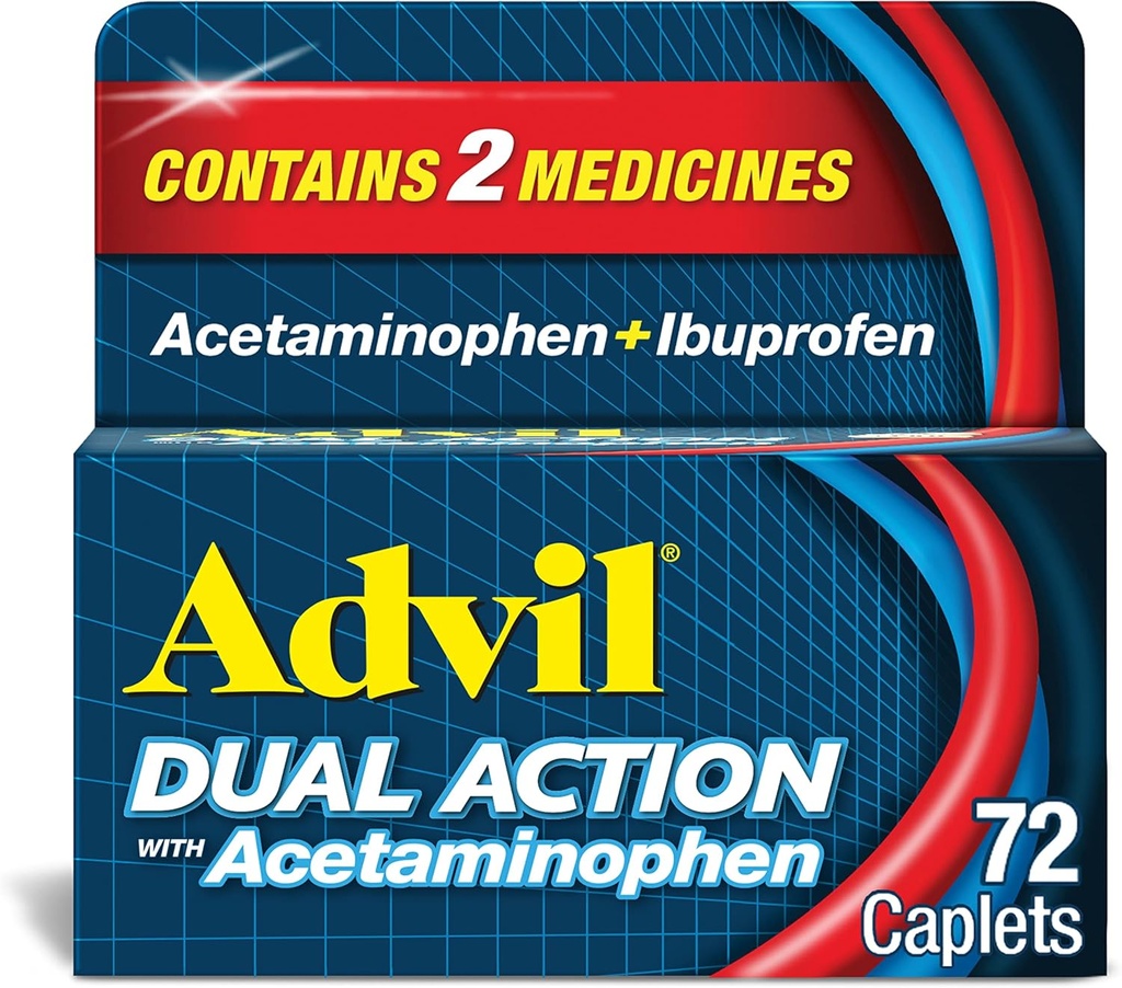 Advil Dual Action Overtrukket kapsler med Acetaminophen, 250 Mg Ibuprofen og 500 Mg Acetaminophen per dosis (2 dosisækvivalent) for 8 timers smertelindring - 72 Tælling