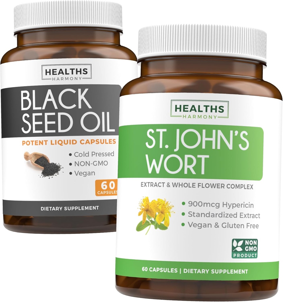 Black Seed Oil & St. John 's Wort (1 - måned Tilgang) Serene Blend Bundle Black Seed Oil (60 kapsler) Cold- presset Nigella Sativa & St. John' s Wort (60 kapsler) med kraftfuld 900mcg Hypericin