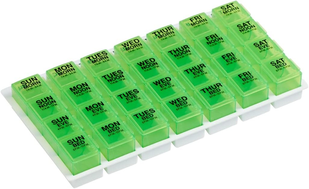 Ezy dosis Weekly (7-dag) Pill Organizer, Vitamin og Medicin Box, Store Pop- Out kompartmenter, 4 gange om dagen, Grøn