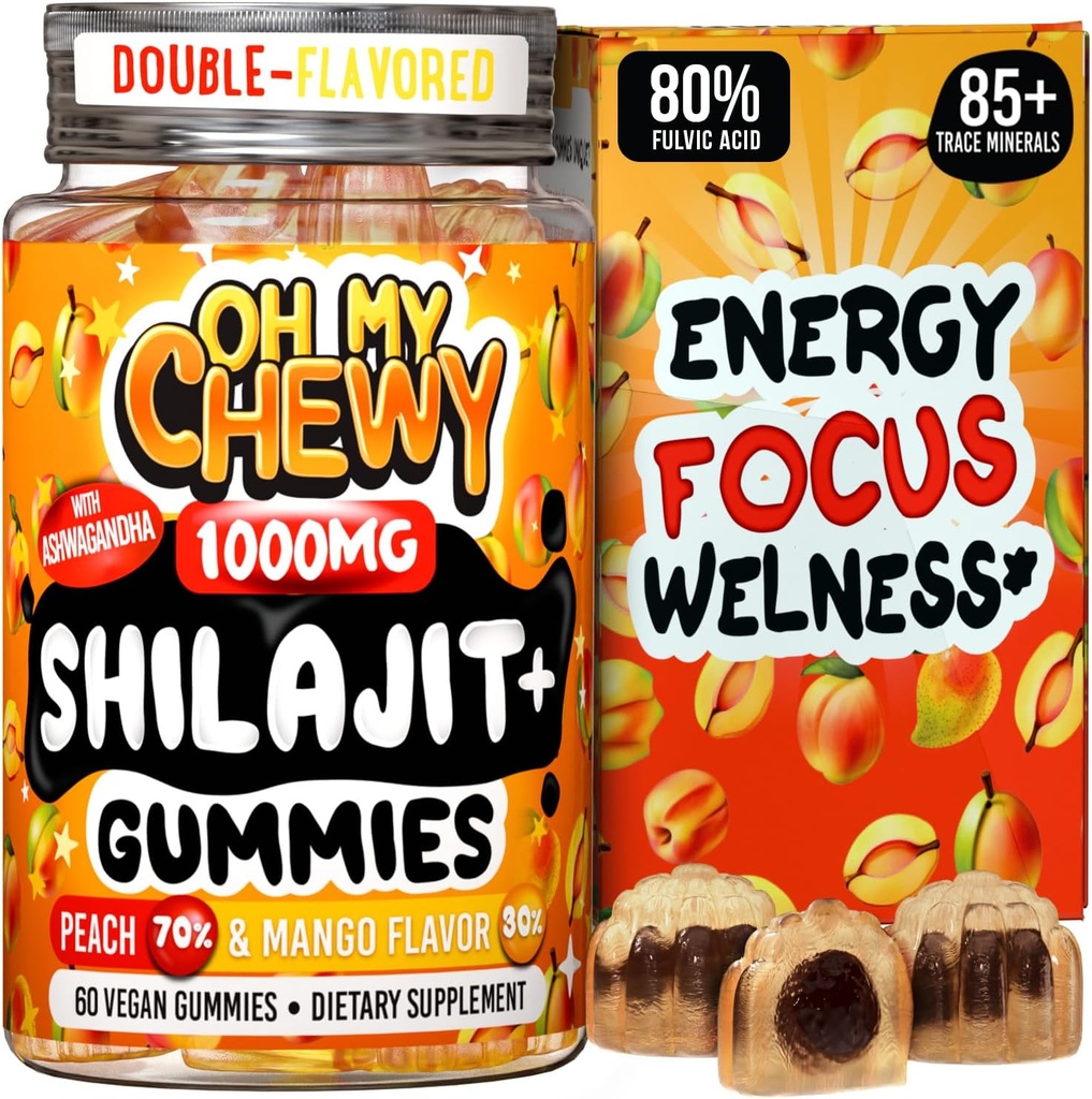 Pure Himalayan Shilajit Gummies - High Potency Gold Grade Resin - Energi Boost og immunforsvar for mænd og kvinder med Ashwagandha og Shatavari - 60 Gummy - Peach & Mango