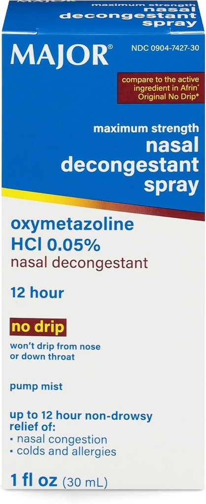 MAJOR Maximum Strength Nasal Decongestant Spray, Oxymetazolin HCl 0,05% Pump Mist, Non- Drowsy Nasal Spray, op til 12-timers Relief fra Nasal Congestion, Colds, og Allergier 1 Fl. Oz. (1- Pack)