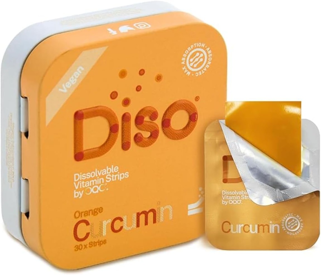 DISO - Curcumin - Fast-Dissolving Turmeric Oral Strips, Orange Flavor, Vegan, Sugar Free, Maximum Absorption, Gluten Free, Individually Wrapped, 30 Dissolvable Strips
