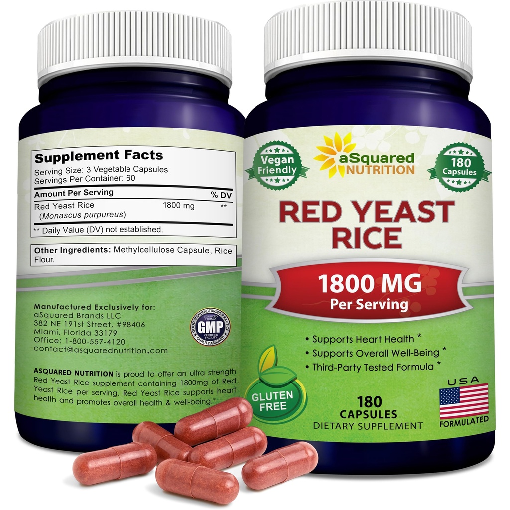 aSquared Nutrition Red Yeast Rice 1800mg - Kosttilskud Vegan Powder Pills to Support Cardiovaskulær Health - 180 Veggie Capsules