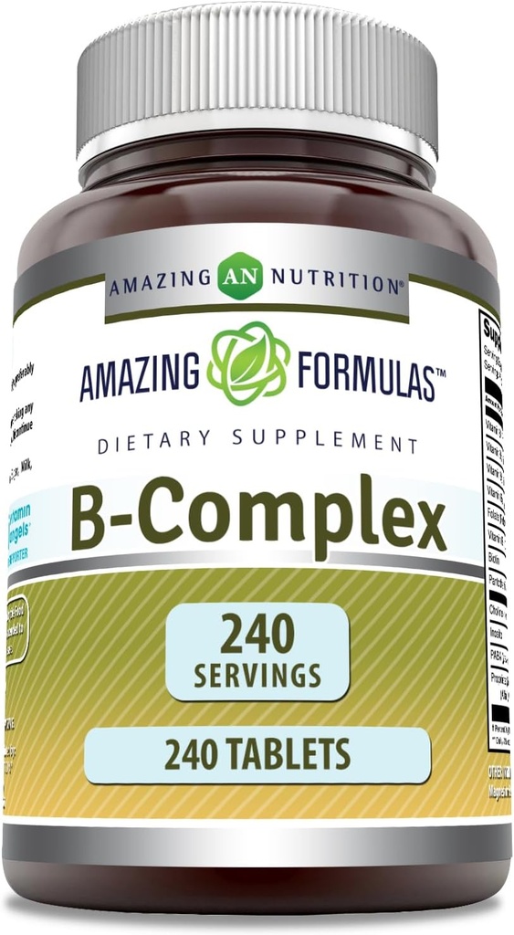 Amazing Formulas B-vitamin Complex med 11 vigtige næringsstoffer • 124; Tablets Supplement • 124; vitamin B1, B2, B3, B6, B12, folinsyre, biotin, cholin, Inositol, PABA (240 Tæl)
