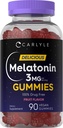 Carlyle Melatonin Gummies 3mg | 90 Count | Fruit Flavor Gummy Supplement | 100% Drug Free Support | Vegan, Non-GMO, Gluten Free