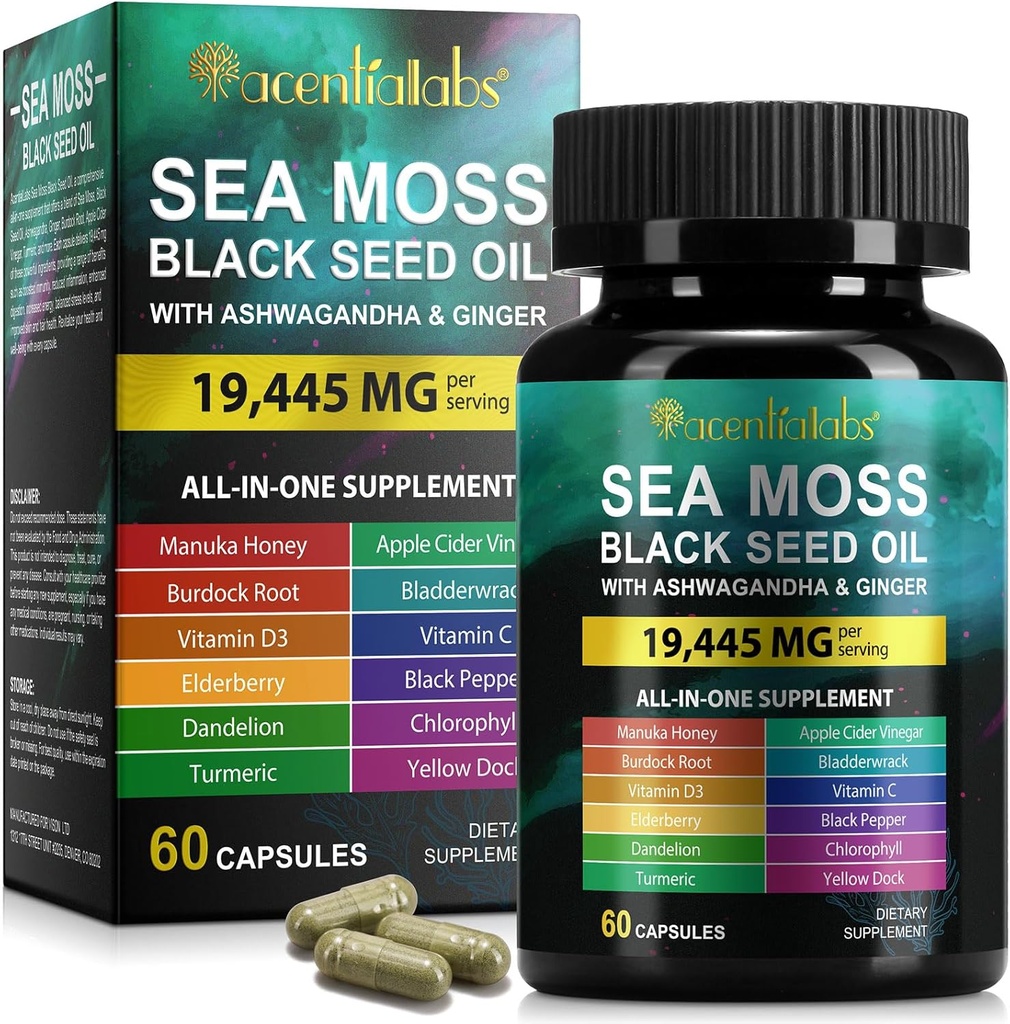 Sea Moss Black Seed Oil, Sea Moss Black Seed Oil Ashwagandha ingefær kapsler med vitaminer Bladerwrack, Burdock Root og mere, 60 kapsler