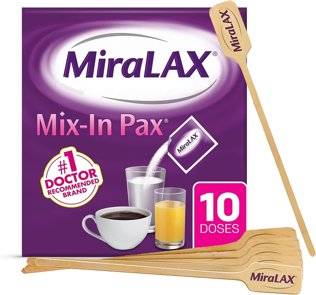 MiraLAX rødme Forstoppelse Relief Laxative Powder, Afføringsmiddel med PEG 3350, Ingen hårde bivirkninger, enkelt dosis mix- I Pax med mixing Stirrer, Travel Pack, 10 dosis