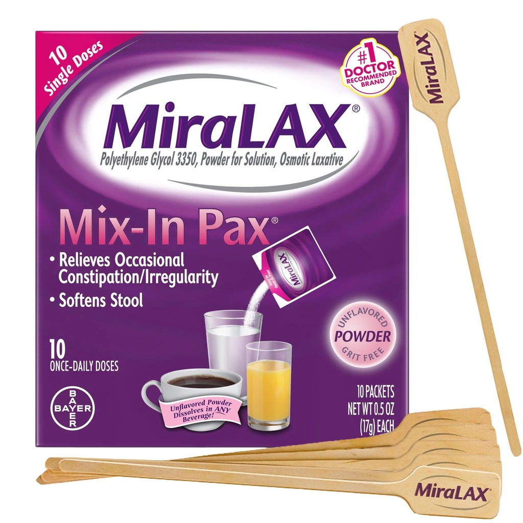 MiraLAX rødme Forstoppelse Relief Laxative Powder, Afføringsmiddel med PEG 3350, Ingen hårde bivirkninger, enkelt dosis mix- I Pax med mixing Stirrer, Travel Pack, 10 dosis