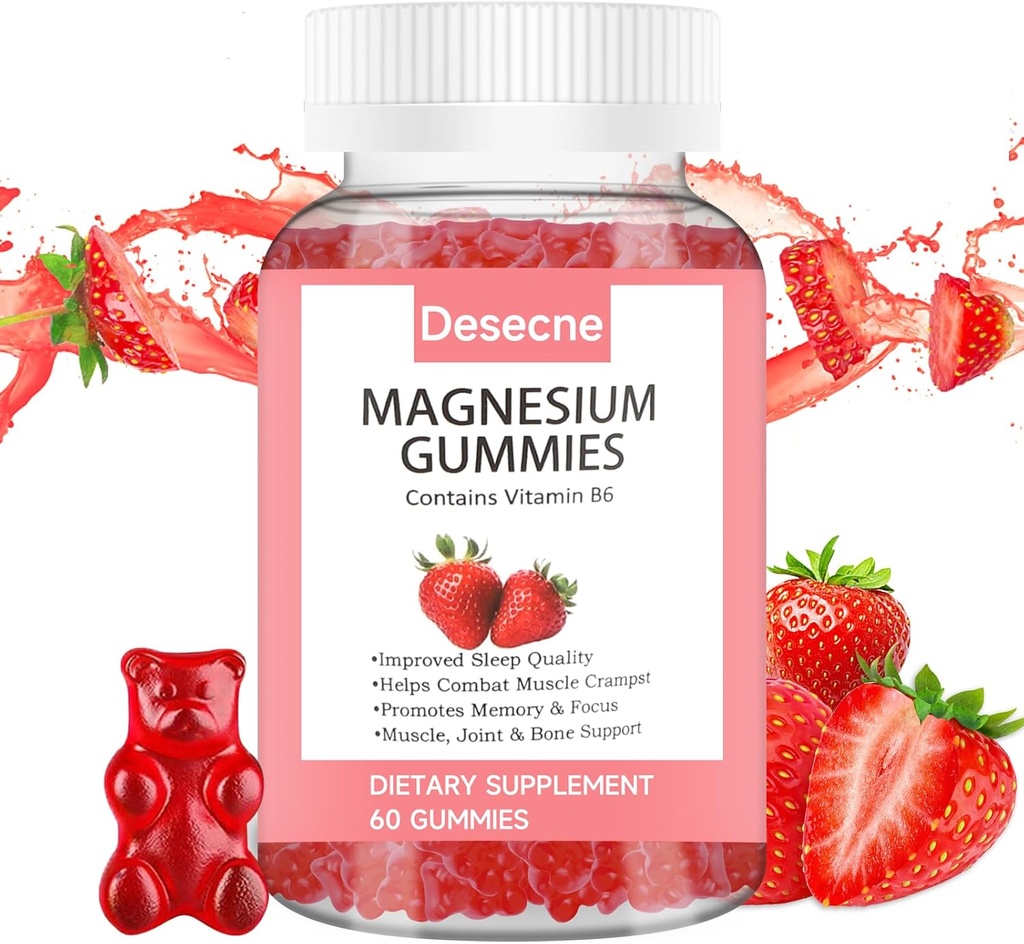 Magnesium Glycinat Gummier til voksne Børn med B6-vitamin, Strawberry Flavor Calm Magnesium Supplement, Magnesium Citrat til søvn, 60 Gummier per flaske