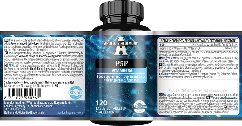 Pyridoxal- 5 - phosphat (P- 5- P) 50 mg per tablet - 120 Vegan tabletter - Supply for 480 Servering - Understøtter nerve og psykologiske funktioner - Vitamin B6 kost supplement - ved Apollos Hegemony