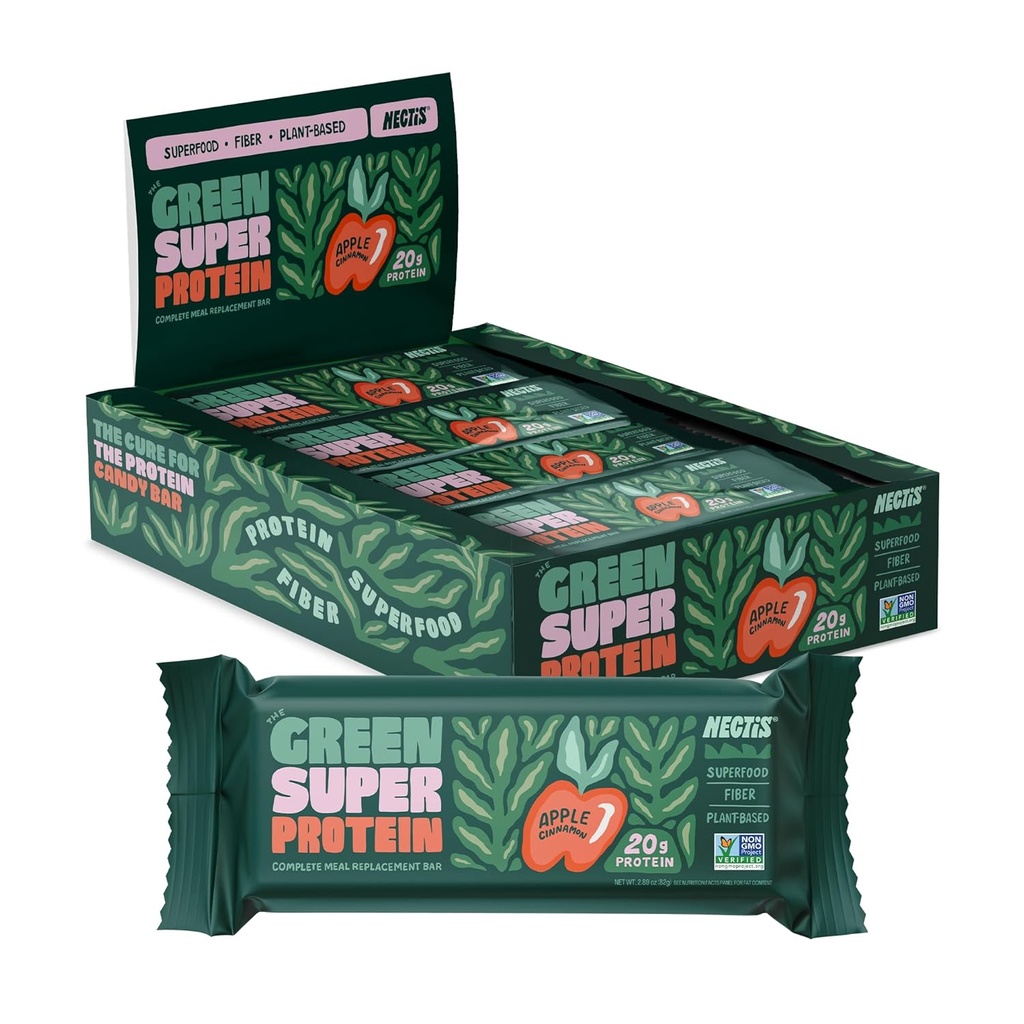 Nectis Green Super Protein Meal Bars, Apple Kanel, 20g planteprotein, Økologisk Grønne, høj fiber, vegan, ingen soja, non gmo, 82g Bar, 8 pack