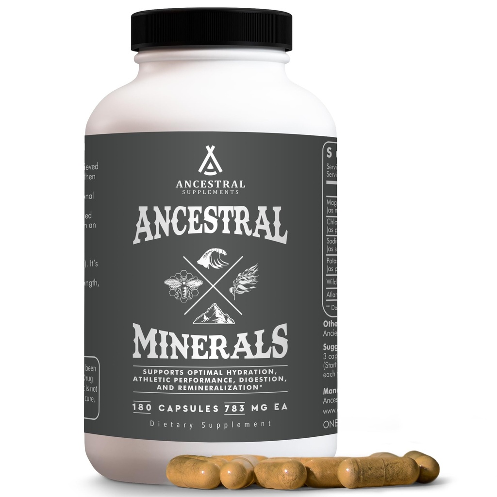 Ancestral kosttilskud Mineraler og elektrolyter med magnesium, kalium, natrium, understøtter optimal hydrering, immunsundhed, atletisk ydeevne, fordøjelse, og Remineralization, 180 kapsler