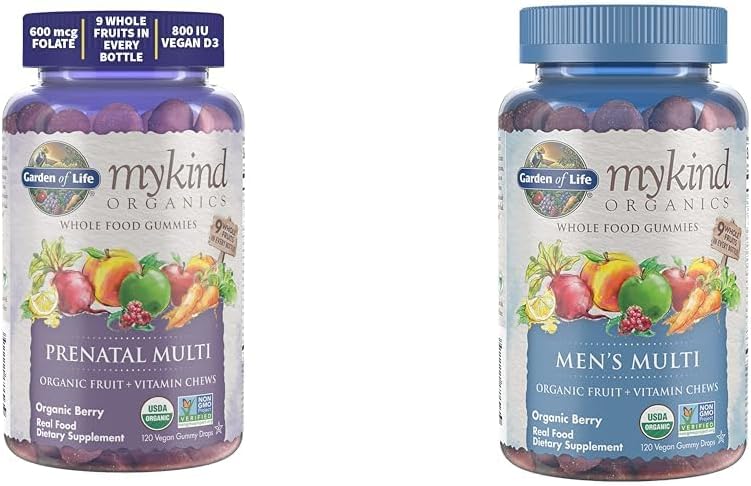 Garden of Life Organics Prenatal Gummies Multivitamin with Vitamin D3, B6, B12 & Organics Men's Gummy Vitamins Multi Berry, 120 Count