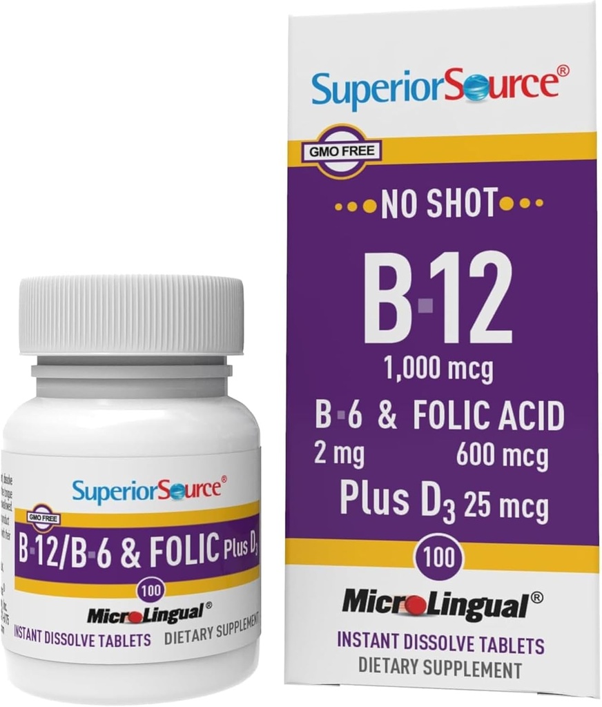 Superior Source No Shot Vitamin B- 12 Cyanocobalamin 1000 mcg, B- 6, Folsyre & vitamin D-3 1000 IE - Understøtter energi, hjerne, hjerte, og knoglerelateret opløsning - 100 Sublinguale tabletter