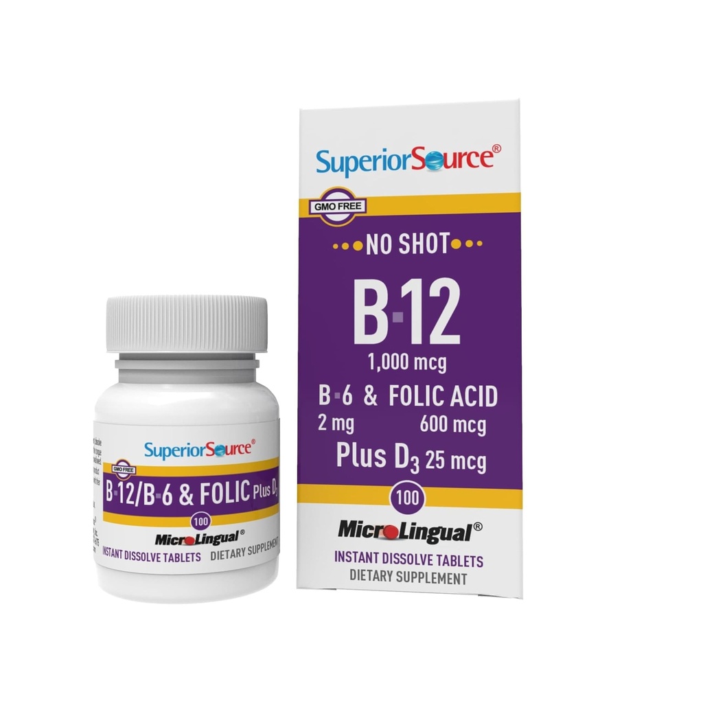 Superior Source No Shot Vitamin B- 12 Cyanocobalamin 1000 mcg, B- 6, Folsyre & vitamin D-3 1000 IE - Understøtter energi, hjerne, hjerte, og knoglerelateret opløsning - 100 Sublinguale tabletter