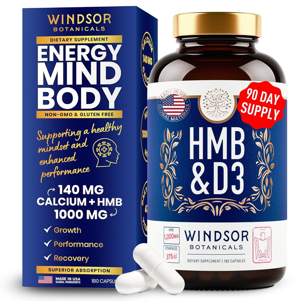 HMB og vitamin D3 Supplement - B- Hydroxy B- methylbutyrat 1000 MG HMB Kosttilskud til mænd og kvinder Plus Calcium, D-vitamin 3 - Muskelvækst, Styrke, ydeevne, Inddrivelse - 90 dage, 180 Caps.