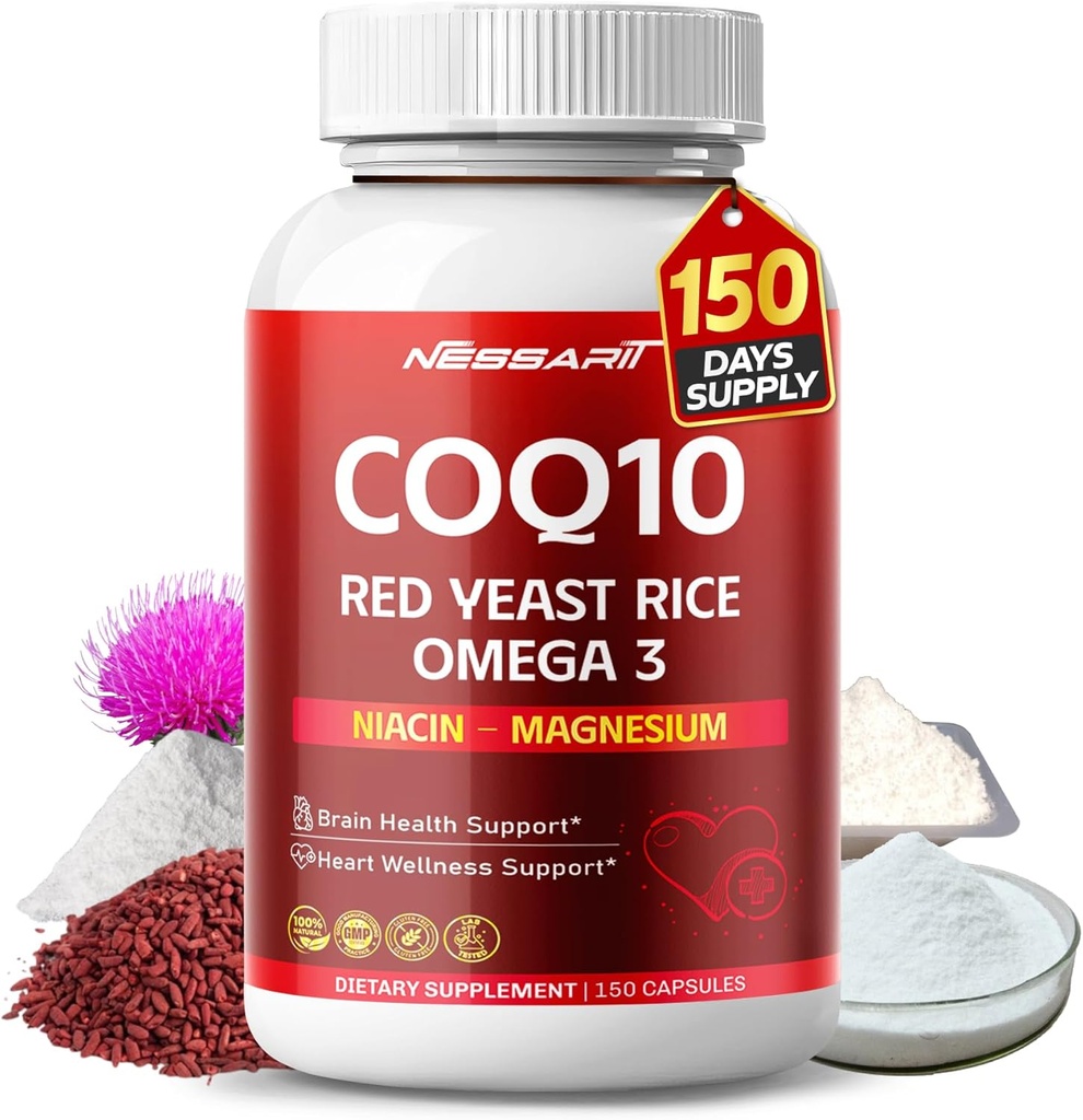 COQ10 + rød gær ris supplement - 10-in-1 Natural Blend med Omega 3 Vitamin B3, K2, D3, Zinkmælk Thistle Black Pepper - 150 Greve - Made & Testet i USA