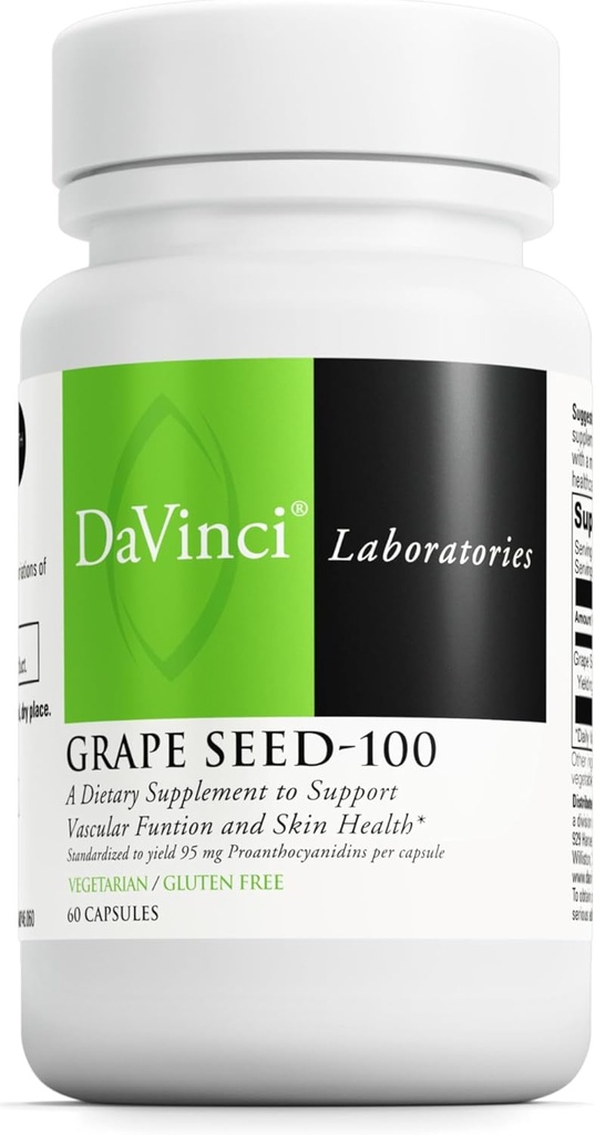 DAVINCI Labs Grape Seed- 100 - Kosttilskud til support immunsystem, vaskulær funktion og sund hud * - med 100 mg Grape Seed Extract per servering - Gluten- Free - 60 Vegetariske kapsler