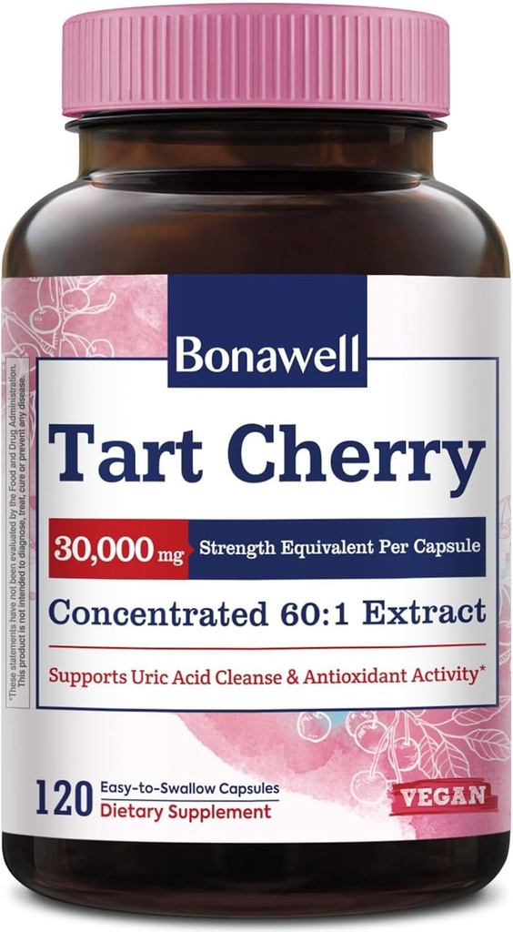 Bonawell Tart Cherry Capsule 60: 1 Extract, 30000mg Strength, Lavet af Montmorency Tart Cherries, Kraftfuld Urisyre Cleanse, Mobilitet, 4 Måned Supply, 120 Kapsler