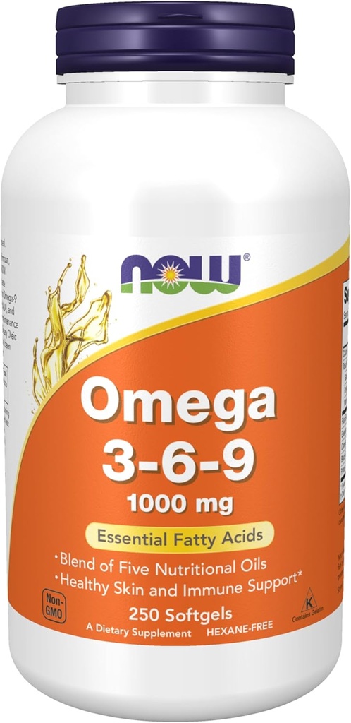 Now Foods Supplements, Omega 3-6-9 1000 mg med en blanding af Hør frø, Aften Primrose, Canola, Sort Currant og Græskarfrø Olier, 250 Softgels