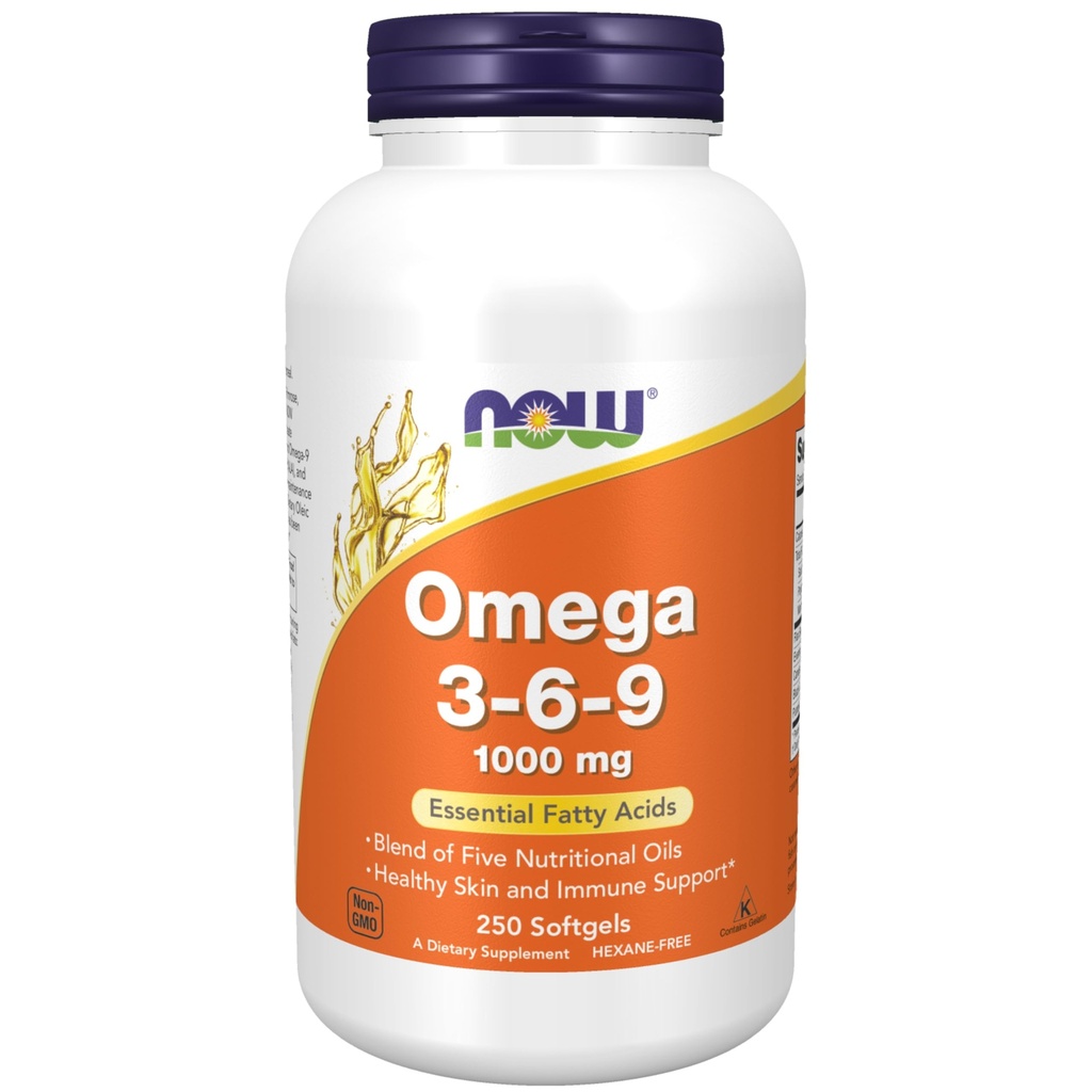 Now Foods Supplements, Omega 3-6-9 1000 mg med en blanding af Hør frø, Aften Primrose, Canola, Sort Currant og Græskarfrø Olier, 250 Softgels