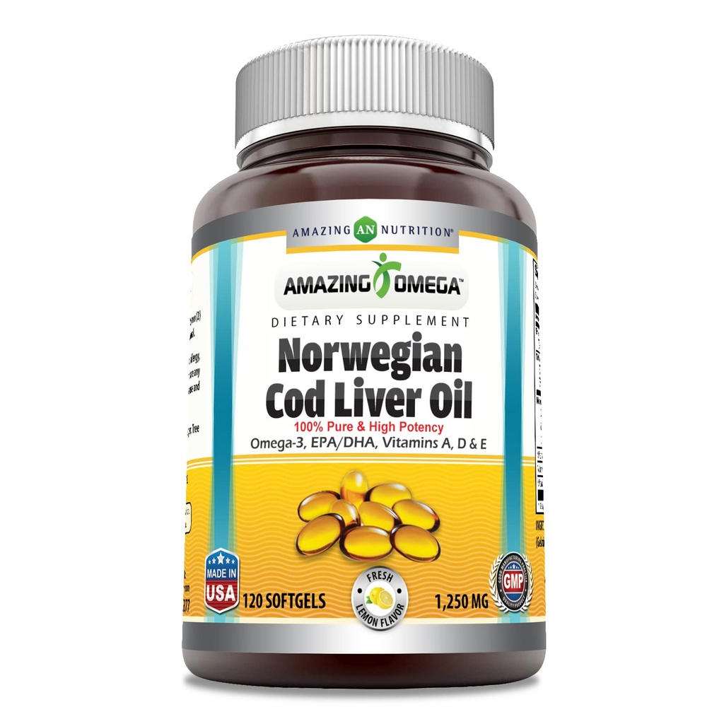 Amazing Omega Norwegian Cod Lever Oil 1250 Mg Softgels Supplements 124; Omega-3, EPA, DHA, Vitamin A, Vitamin D & Vitamin E (Lemon124; 120 Greve)