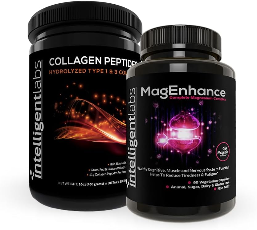 Intelligente Labs 2- in-1 Bundle of Magenhance Supplement (High Absorption Chelated Magnesium Complex) og Collagen Peptider Powder (Unflavored Organic Hydrolyzed Type 1 & 3 Collagen Protein Powder)