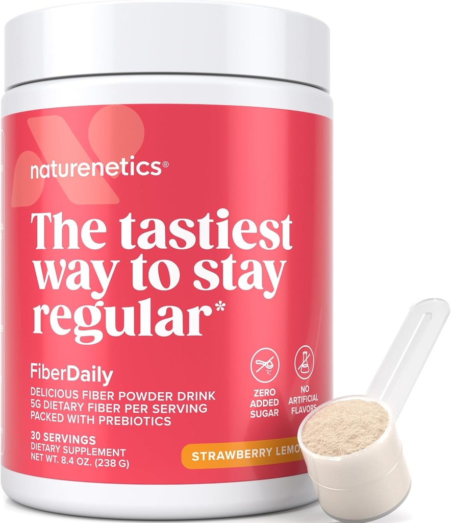 FiberDaily Delicious Fiber Powder - Organic Psyllium Husk, Agave Inulin & Sunfiber ® Guar Gum Strawberry Lemonade Drink, Sugar Free, Opløselige Fiber, Prebiotic Fiber Supplement, Vegan, 1 Måned Supply