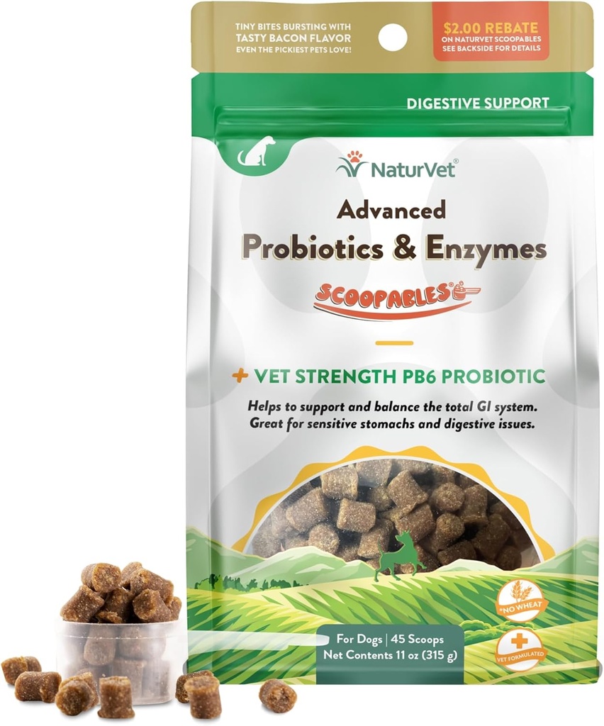 NaturVet Scoopables Avancerede Probiotika til Hunde - Chewable Hund Probiotika & fordøjelsesenzymer - Support en sund Gut til din Pet - Hickory røget Bacon Flavor Buddy 124; 11oz Bag