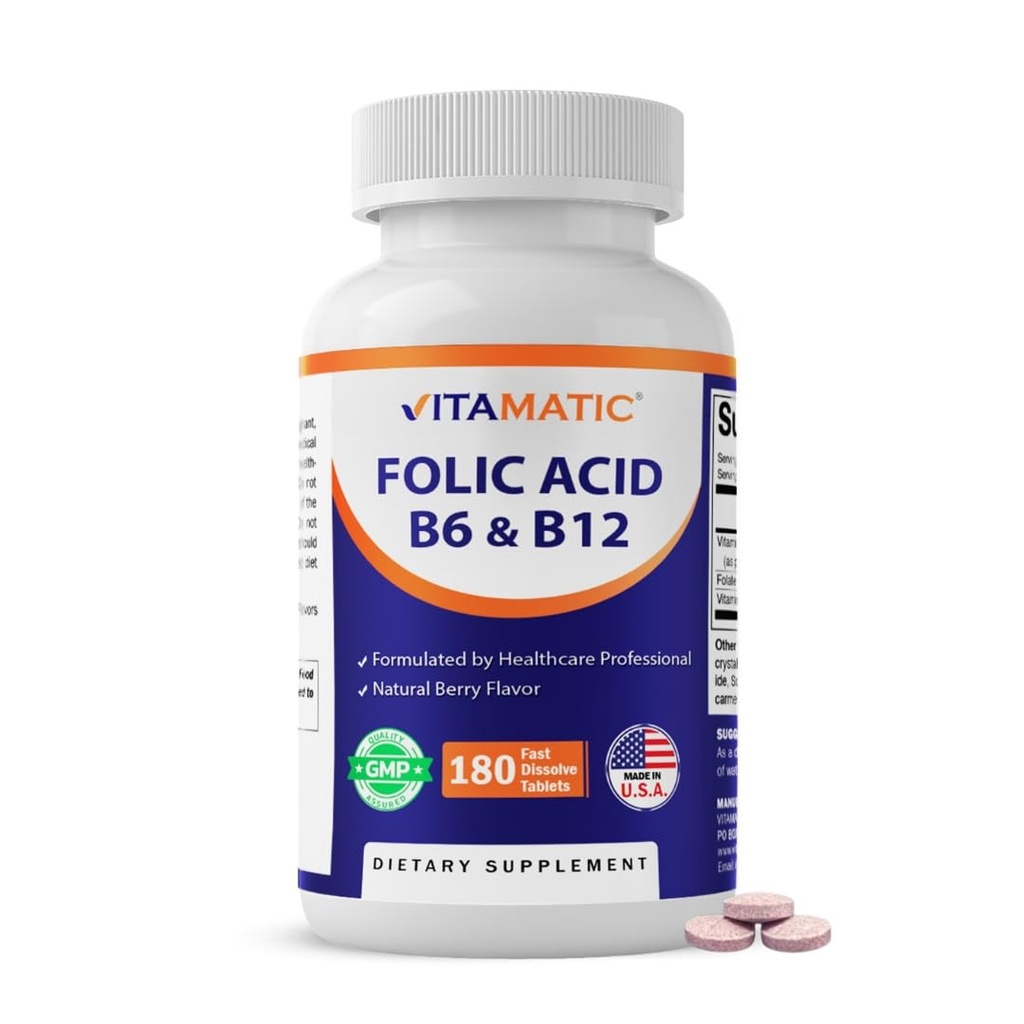 Vitamatisk folinsyre, vitamin B12 & B6 - 180 hurtig opløsning tabletter hjerte sundhed, energiproduktion & rød blodcelle støtte