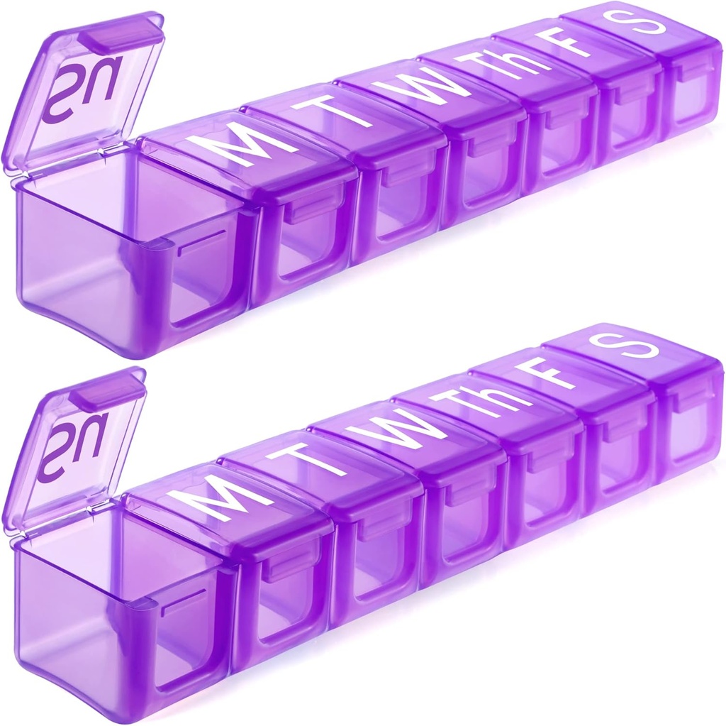 2 Pack Extra Stor Ugentlig Pill Organizer, BPA Free Pill Box 7 Dag med XL Segment for Fish Oils, Rejsevenlig Medicin Organizer Pill Case for Vitaminer, Kosttilskud
