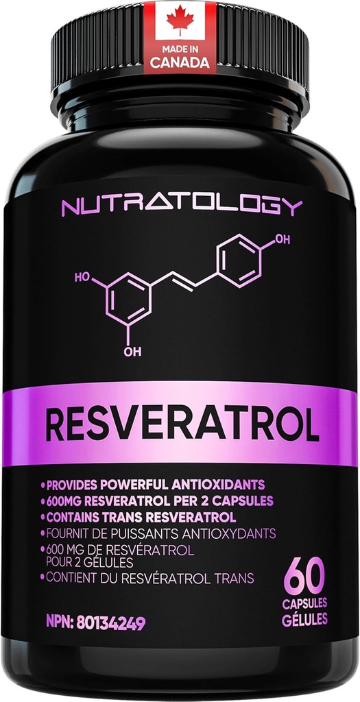 Nutratology Resveratrol Supplement- Potent Antioxidant Supplement - Anti Aging Trans Resveratrol - Increases Cardiovascular Health, Cell Regeneration & Hair Growth - 60 Capsules - 30 Servings