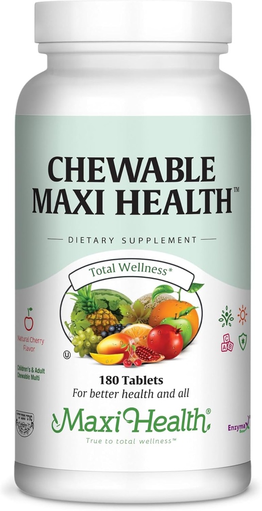 Maxi Health Chewable Multivitamin til børn, teenagere og voksne - Cherry Chewable Vitaminer til voksne og børn - Kosher Kids Multivitamin + jern (180 tabletter)