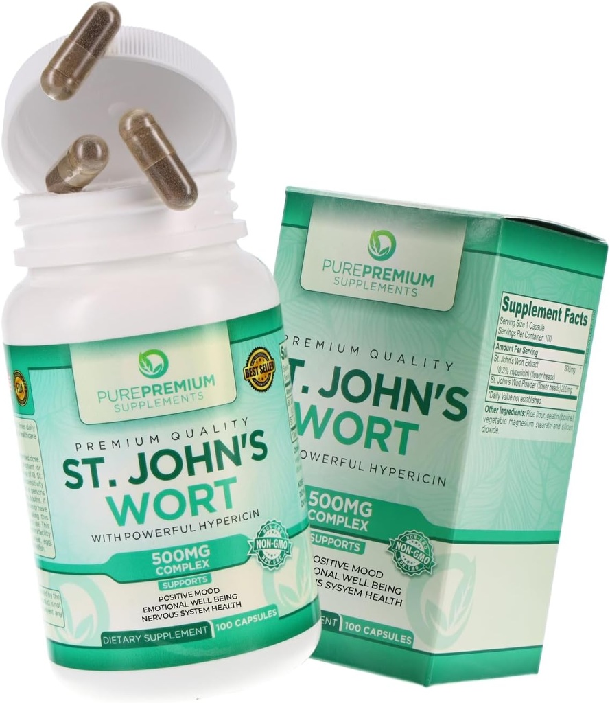 Pure Premium St. Johns Wort Capsules 500mg - Mood Support Supplement - Herbal & Natural Normal Stress Supplements - St John Wort Support Positive Mood for Men & Women - 3 Months Supply - 100 Capsules