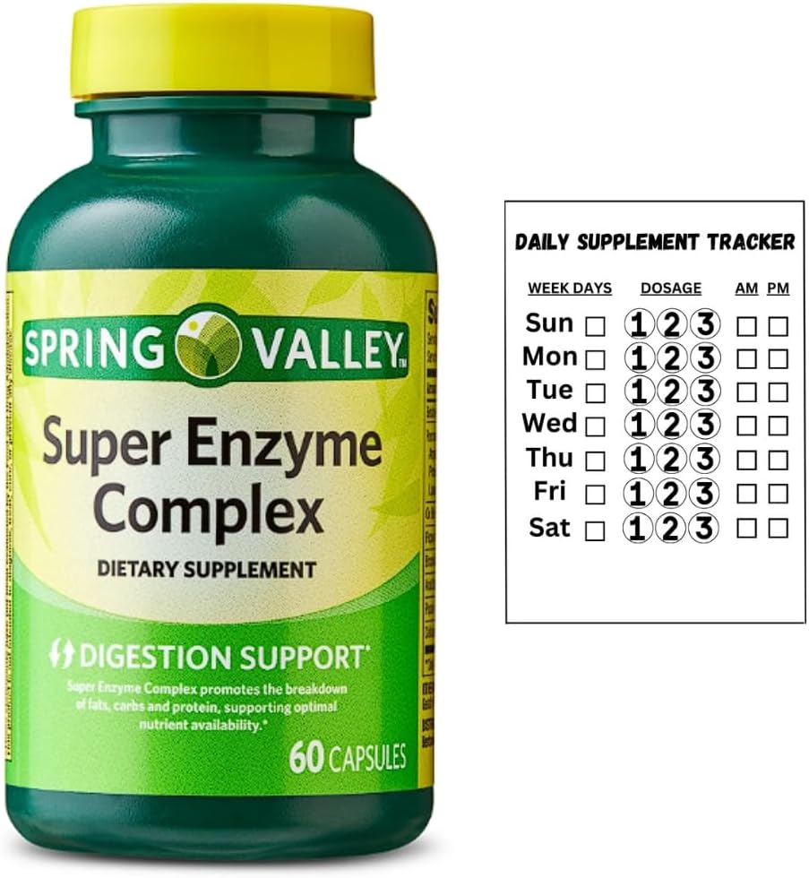 Spring Valley Super Enzyme Complex Dietary Supplement for Digestive Support, 60 Capsules + Daily Supplement Tracker Sticker