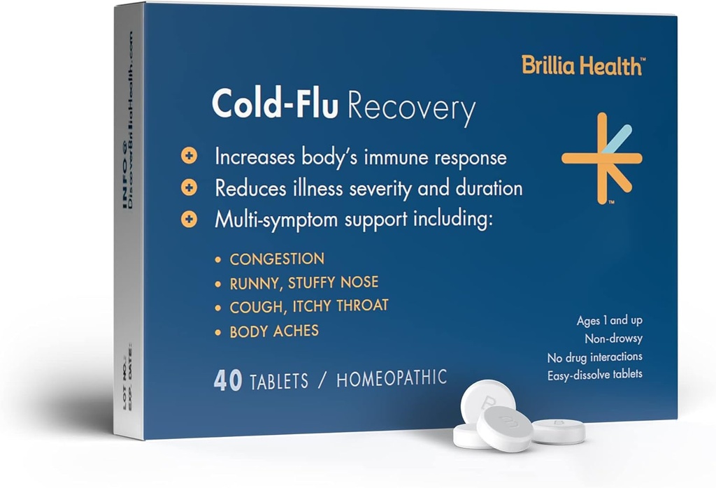 Brillia Health - Cold- Flu Inddrivelse - 40 tabletter - Homøopatisk Cold- Flu Relief - Giver Clinically- Proven Relief for Cold, Flu & Hough - for voksne og børn
