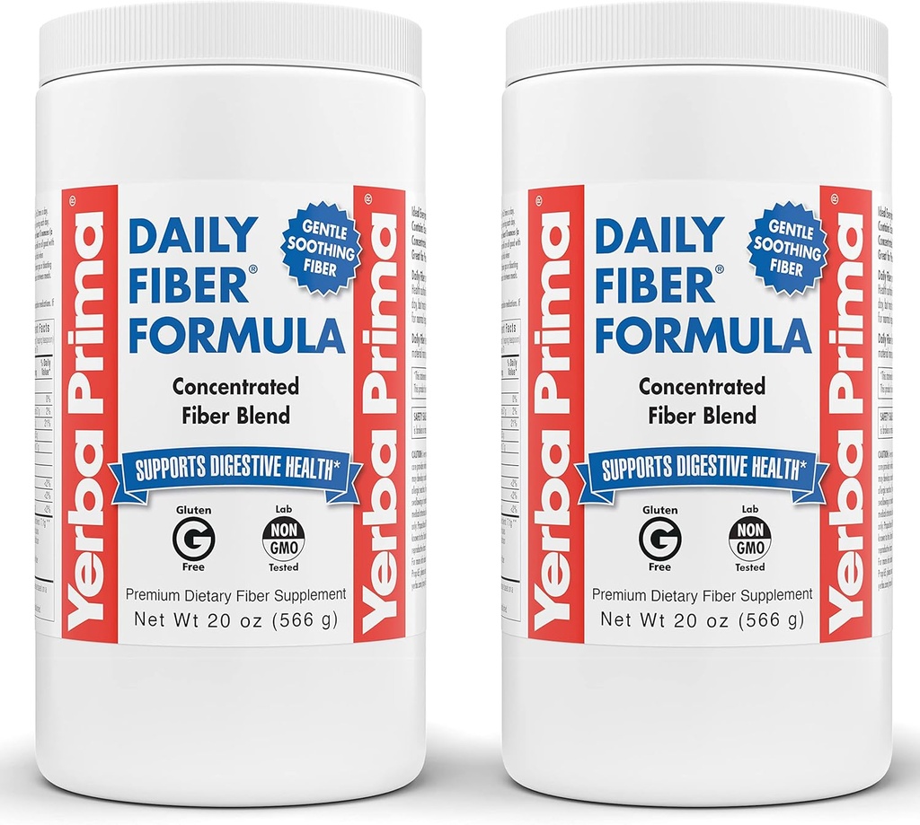 Yerba Prima Daily Fiber Formula - 20 oz Powder (Pack of 2) - Unflavored, Concentrated Blend of Soluble/Insoluble, Psyllium Seed Husks, Acacia Gum, Apple Fiber Supplement - Regularity Colon Cleanser