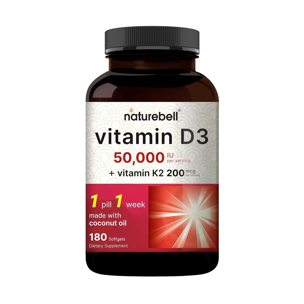NatureBell Vitamin D3 50. 000 IE + K2 200 mcg, 180 Softgels - 124; Once- Weekly Formel med kokosolie - 124; Max Strength Bone, Heart & ImmunoSupport - 124; MK- 7 Form - 124; Non- GMO