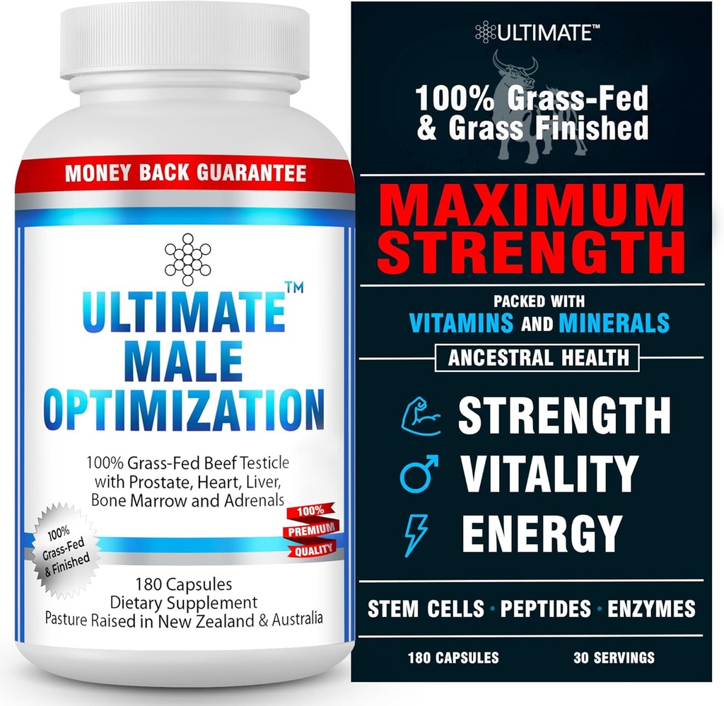 Ultimate Male Optimization 100% Grass Fed Beef Organ Supplement - Supports Test, Energy & Overall Men's Health & Wellness - Non-GMO Grass Fed Beef Organ Supplement with Liver, No Fillers 180 Capsules