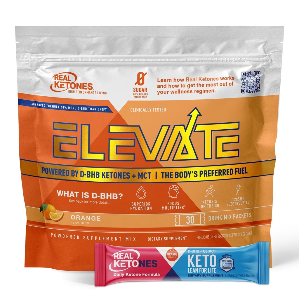 Ægte Ketoner MCT & BHB Eksogene Ketoner Drink Mix Pakker Elevate Keto Electrolytes Powder Pakker Ingen Sukker med 4 Main Electrolytes Plus Hydrating Proprietary Keto BHB - 30 Pack Orange