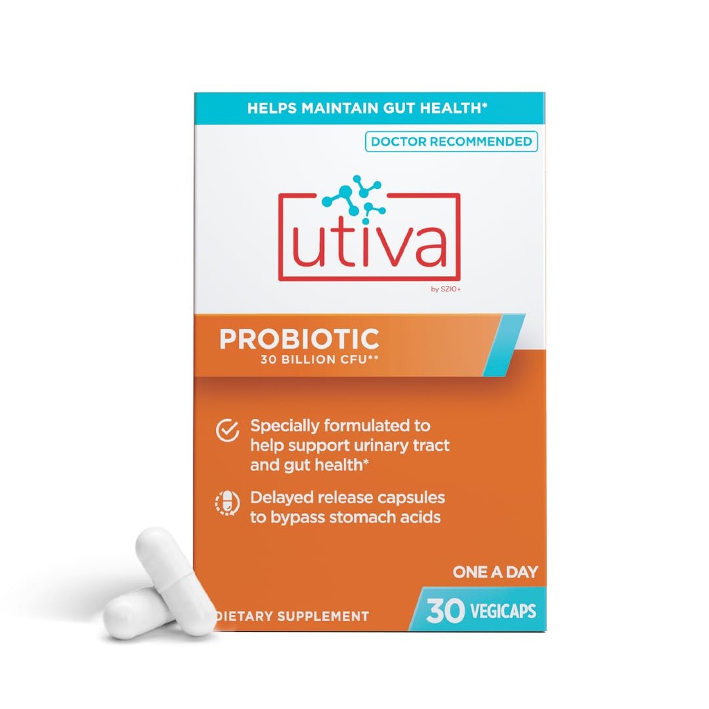 Szio + Utiva Probiotic - Urinary Tract og Gut Health Supplement - 12 Millioner CFU Lactobacillus & Bifidobacterium Probiotic for mænd og kvinder, 30 Forsinkede Release Vegi kapsler