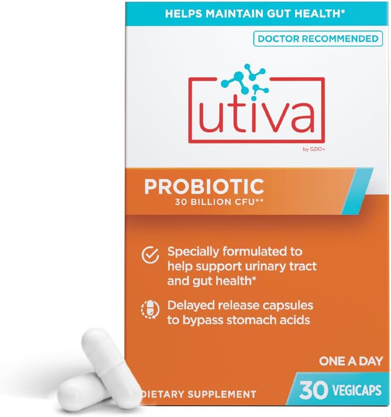 Szio + Utiva Probiotic - Urinary Tract og Gut Health Supplement - 12 Millioner CFU Lactobacillus & Bifidobacterium Probiotic for mænd og kvinder, 30 Forsinkede Release Vegi kapsler