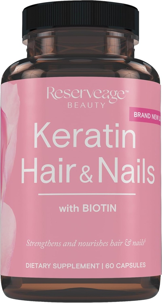 Reserveage Keratin hår booster med Biotin - Keratin tillæg med Biotin & Resveratrol - Understøtter hårvækst & neglesundhed - 60 kapsler