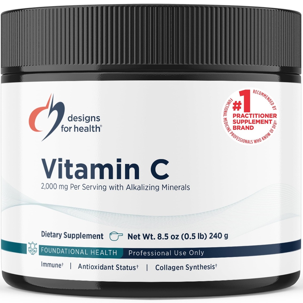 Design til sundhed Buffered C-vitamin Pulver 2000mg - pulveriseret C-vitamin (Ascorbic Acid) til høj dosering med alkaliserende mineraler til at være blid på Maven - ikke-GMO drik mix (80 Servere / 240g)