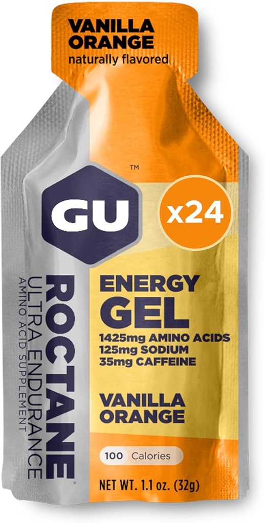 GU Energy Roctane Ultra Endurance Energy Gel, Vegan, Gluten- Free, Kosher, og Dairy- Free On- The- Go Sport Nutrition til løb, cykling, vandreture eller Skiing, Vanilla Orange (24 Pakker)
