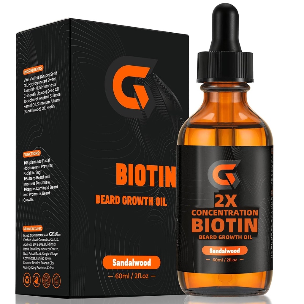 2X Koncentration Biotin Beard Growth Oil for mænd - Leave-In Conditioner & Softtener - Fugtighedscreme, Thickens, Styrker & fremmer Ansigtshårvækst - Økologisk Argan & Jojoba Oil - 2fl. Oz